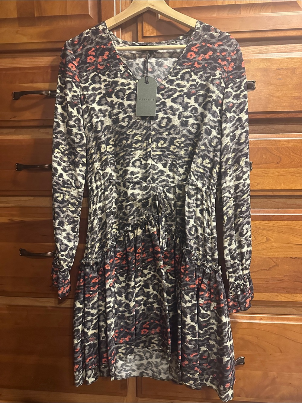 AllSaints Long-Sleeve Leopard Print V-Neck Dress — Black, Cream & Red